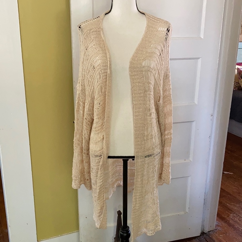 Anthropologie Cream Crochet Fishnet Long Cardigan | One Size